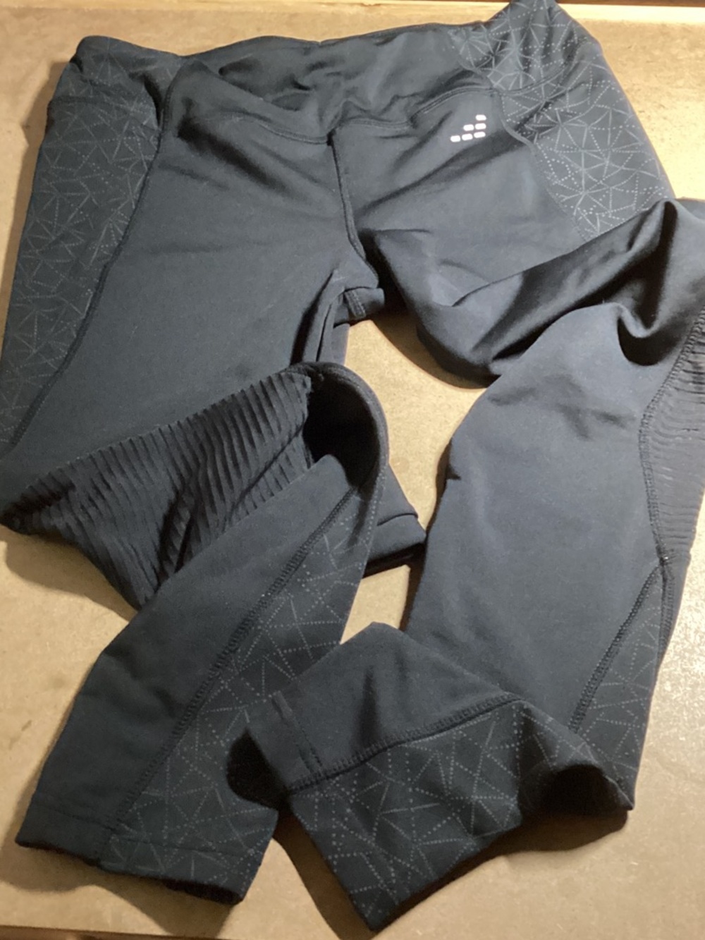 Ladies BCG Black Athletic Leggings with subtle design, sheer striped panels. Med